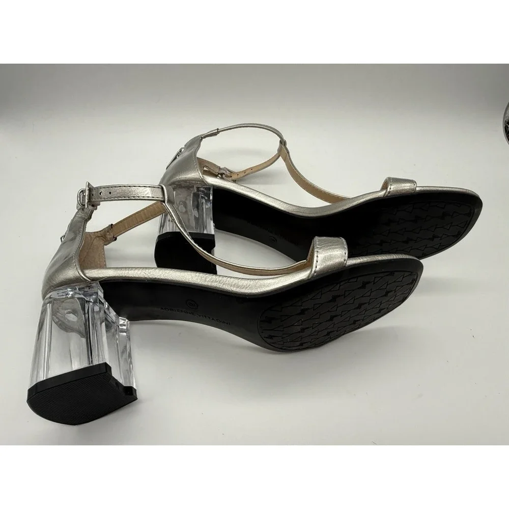 Adrienne‎ Vittadini Aston Silver Clear Block Heel T-Strap Sexy Sandal 8M NEW